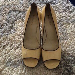 Prada open toe cream heel black trim size 38