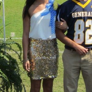 white and gold one shoulder dress