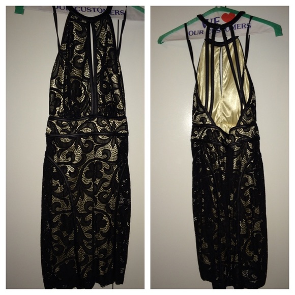 Bebe black lace faux leather halter w back detail