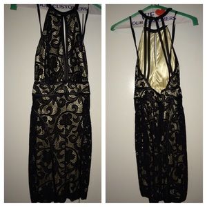 Bebe black lace faux leather halter w back detail