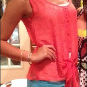 Deep coral button up shirt with tie at bottom