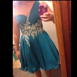 Short teal Hannah S homecoming dress