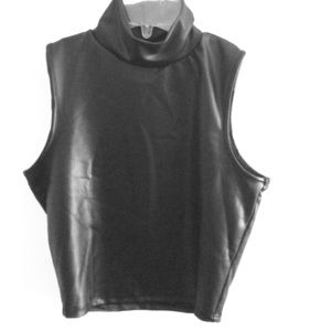 Faux Leather Turtleneck Sleeveless Crop Top