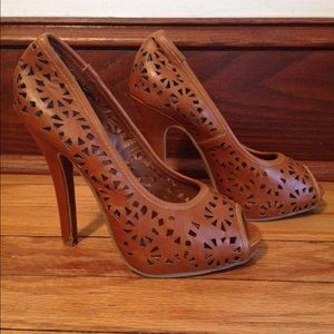 Brown Faux Leather Cut Out Pep toe Heels