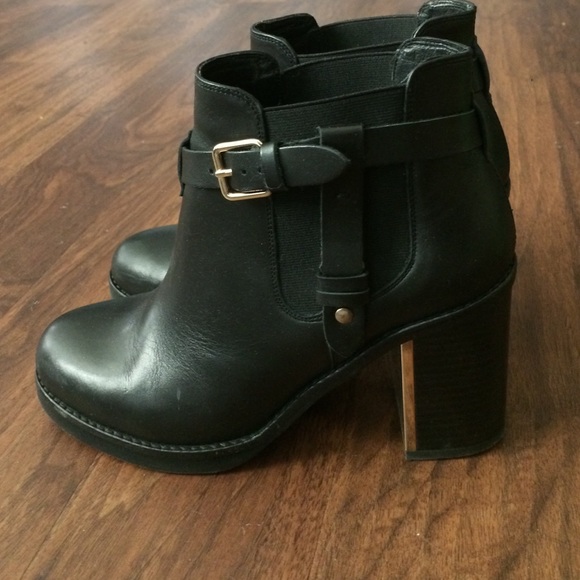 Topshop black ankle T-buckle gold booties