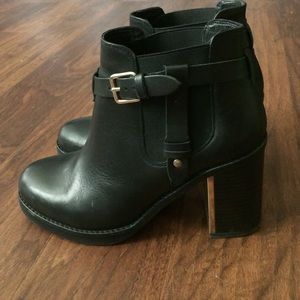 Topshop black ankle T-buckle gold booties