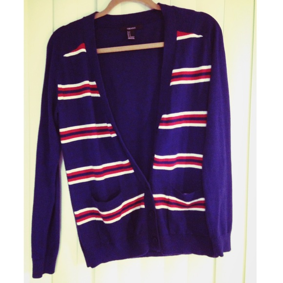 Striped Cardigan Navy Blue Red & White F21