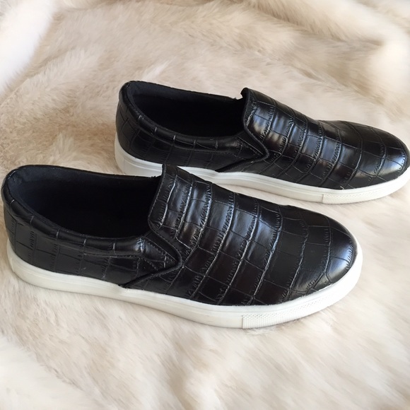 Express Shoes - Black Crocodile Print Slip On Sneakers