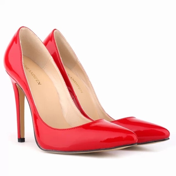Red patent pumps