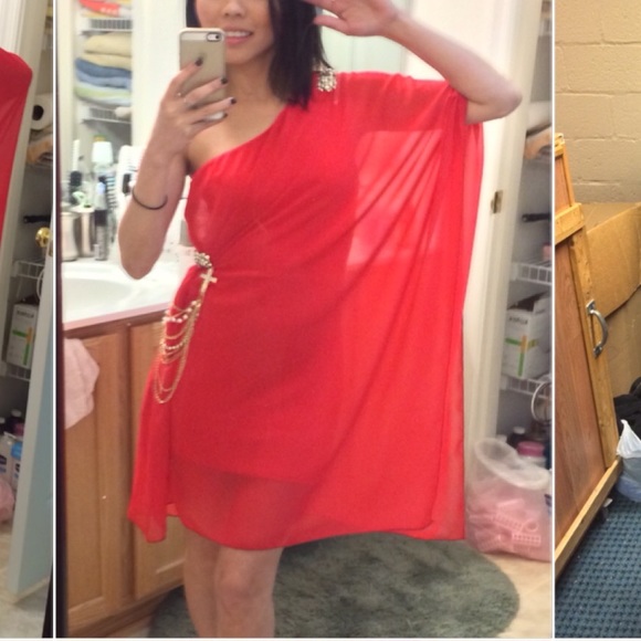 One shoulder red drape dress with added jewelry - Picture 3 of 4