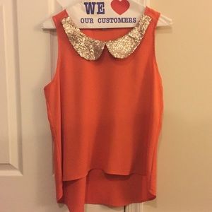Coral/Orange Tank with Gold Sequin Collar