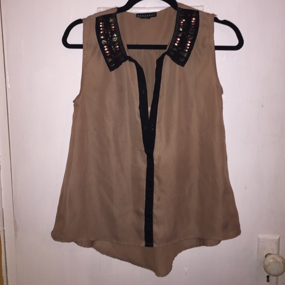 Dark tan and black sheer sleeveless shirt