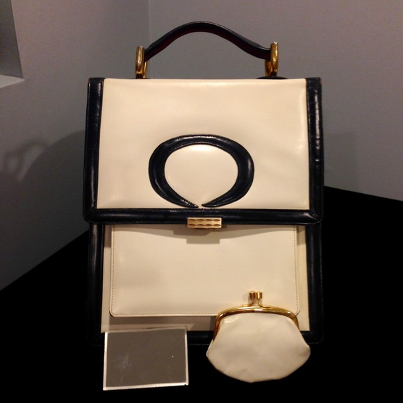 Vintage cream and Navy top handle bag