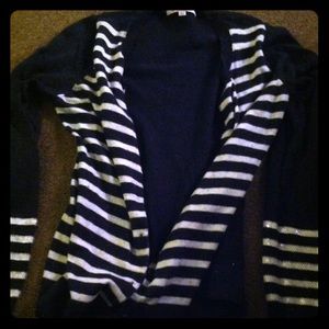 White navy medium cardigan. Cuff stripes sequins.