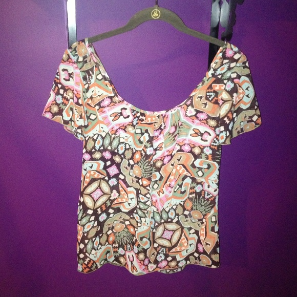 Bright abstract printed chiffon cutout back top