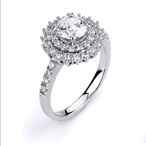 Sterling silver CZ engagement ring double halo