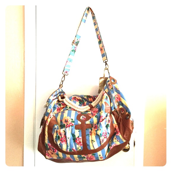 Betsey Johnson Floral & Leather Anchor Duffle Bag