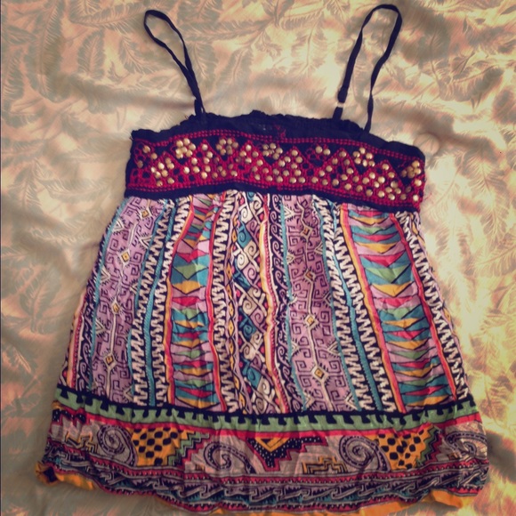 Tribal Print Tank Top w Embellishments
