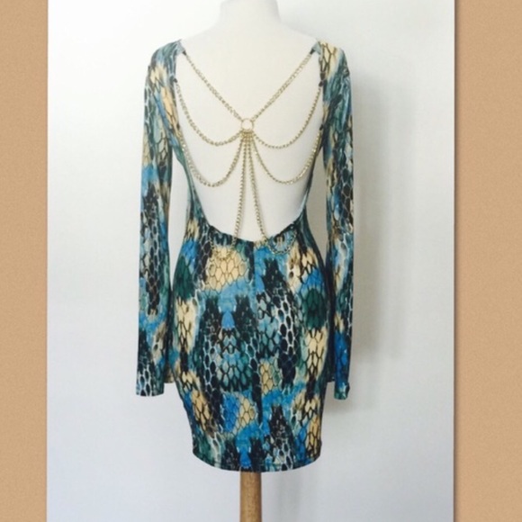 Snake skin print chain back bell sleeved dress