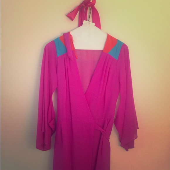 Barney purple, coral-orange & turquoise wrap dress