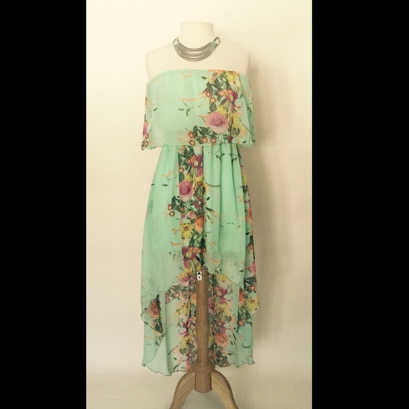 Sea foam green floral high low chiffon dress