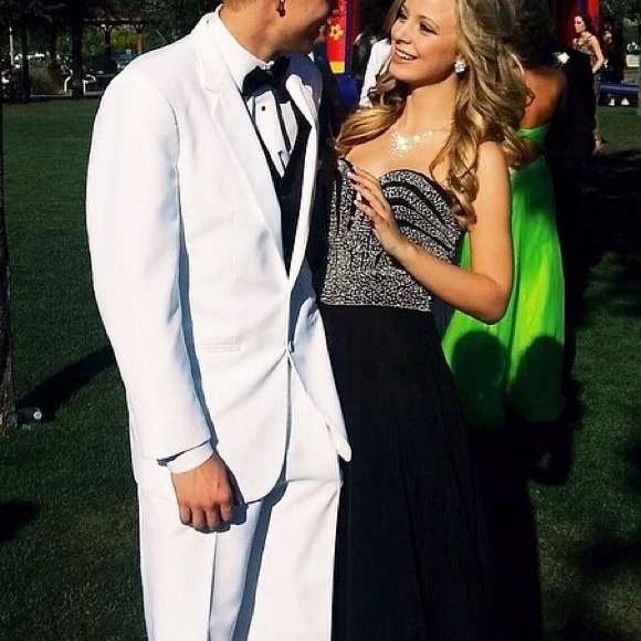 Long black strapless prom dress w/ a beaded bust