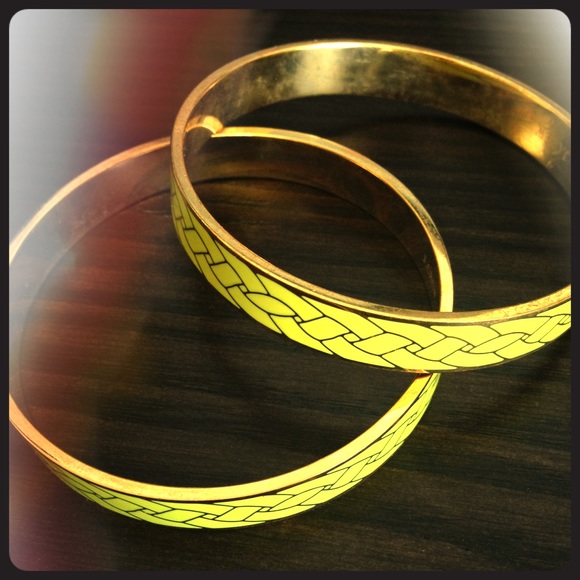 Two lime green and gold J. Crew bangle bracelets