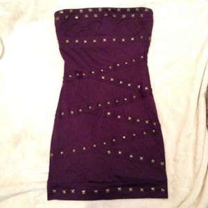 Plum purple strapless mini dress with stones