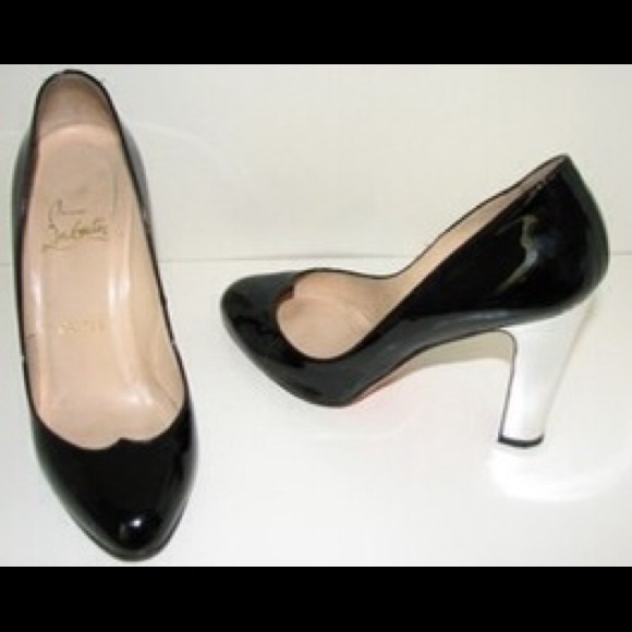 Auth Louboutin Black Patent Silver Heel Pump 39/9