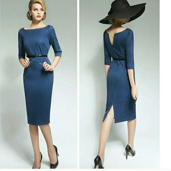Vtg nwot dress midi blue 1950s small gold chain