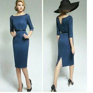 Vtg nwot dress midi blue 1950s small gold chain