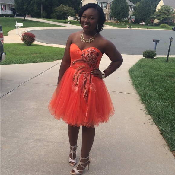 Orange peacock appliqué homecoming/party dress