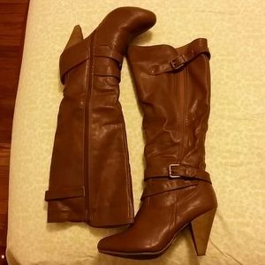 Camel knee high boots