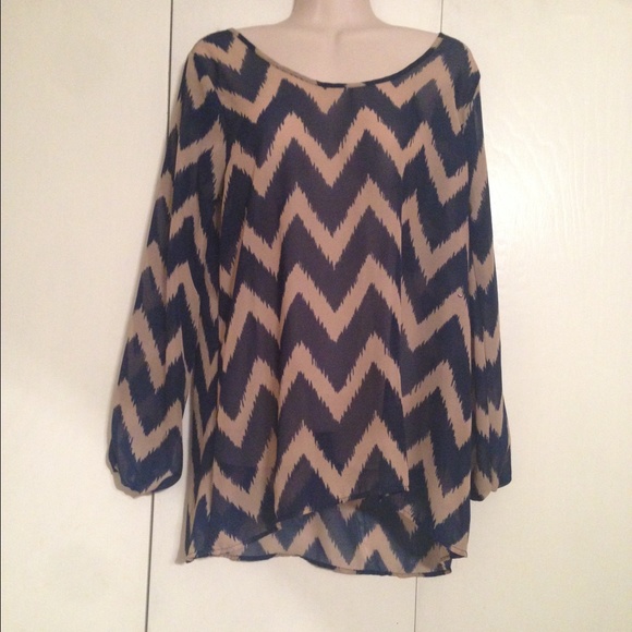 Blue and tan chevron blouse with crisscross straps - Picture 1 of 3