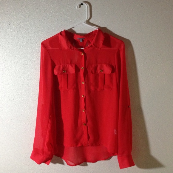 Red orange chiffon button up blouse