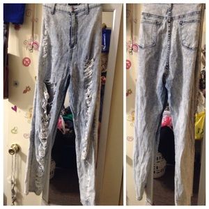 High waisted distressed acid wash jeans