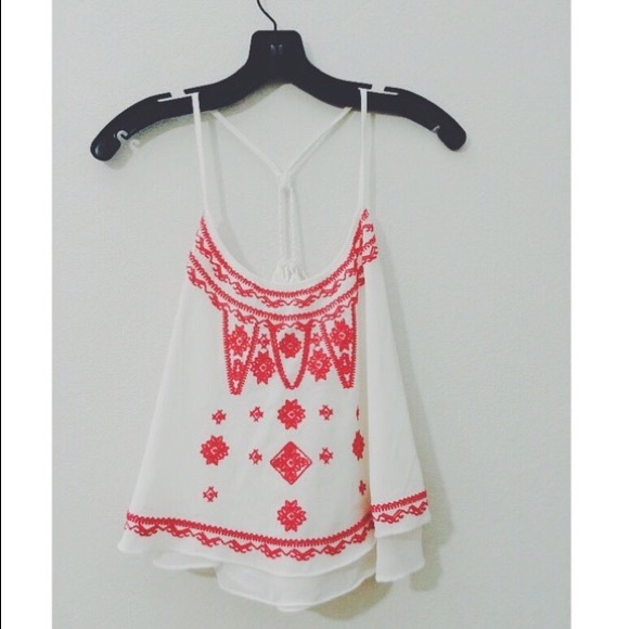 White Crop With Coral Stitching