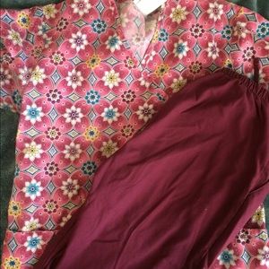 Maroon scrubs printed top plain bottoms