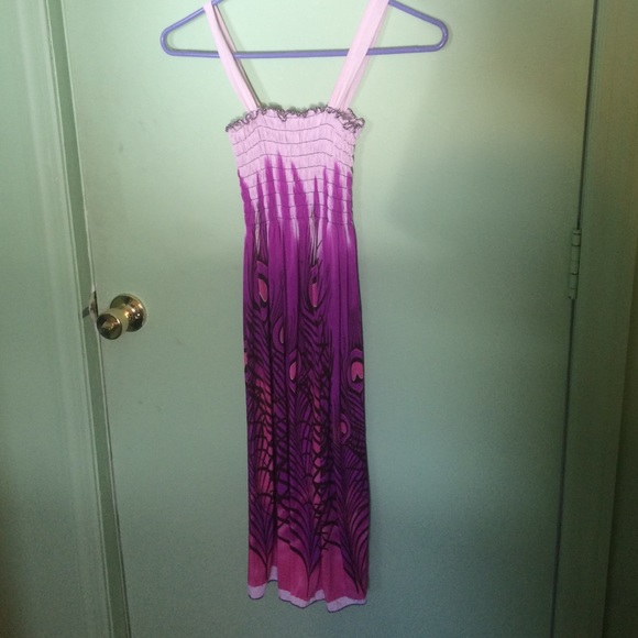 Purple, white, pink, peacock feather print dress