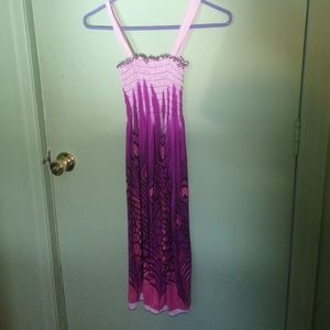 Purple, white, pink, peacock feather print dress