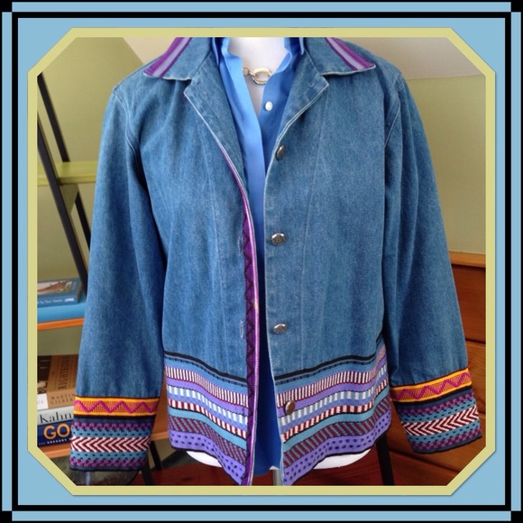 Unique colorful trim, button front denim jacket - Picture 1 of 4