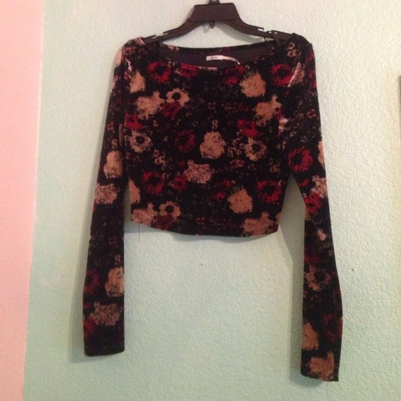 Velvet floral long sleeve crop top