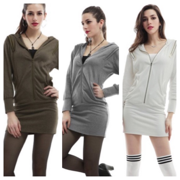 3 Zip Up Sweatshirt Dresses w/ Hood and Pockets