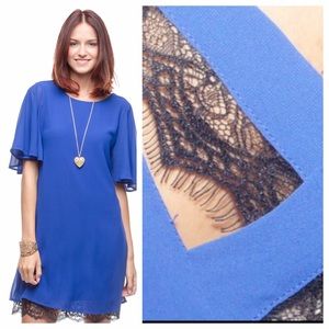 Blue Dress with Lace Trims and cross back details