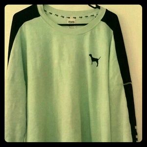 Pink,  blue crew neck.