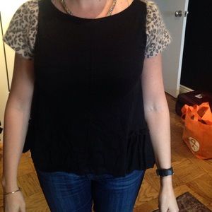 Black short sleeve sweater w/ leopard sleeves