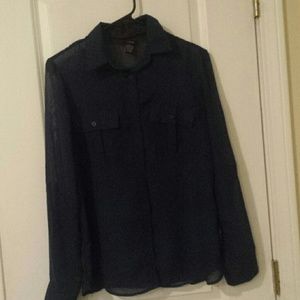 Sheer navy blue button up top and coat for 13.00!
