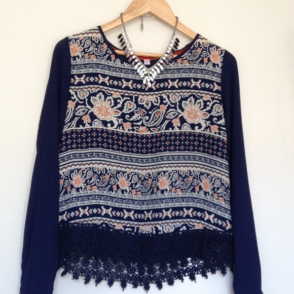 Navy Blue Floral Sheer Lace Shirt 💙