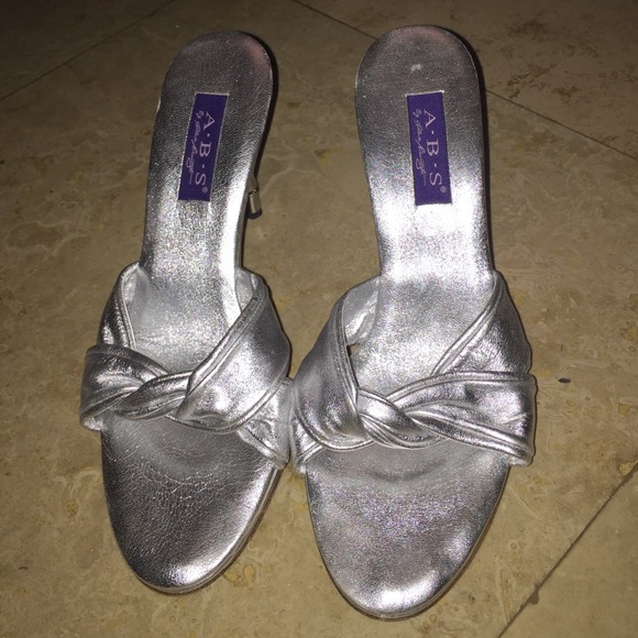 ABS Allen Schwartz Shoes Silver Abs Leather Bamboo Heel Sandals