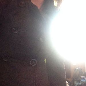 Dark gray, cross-button up London jacket.